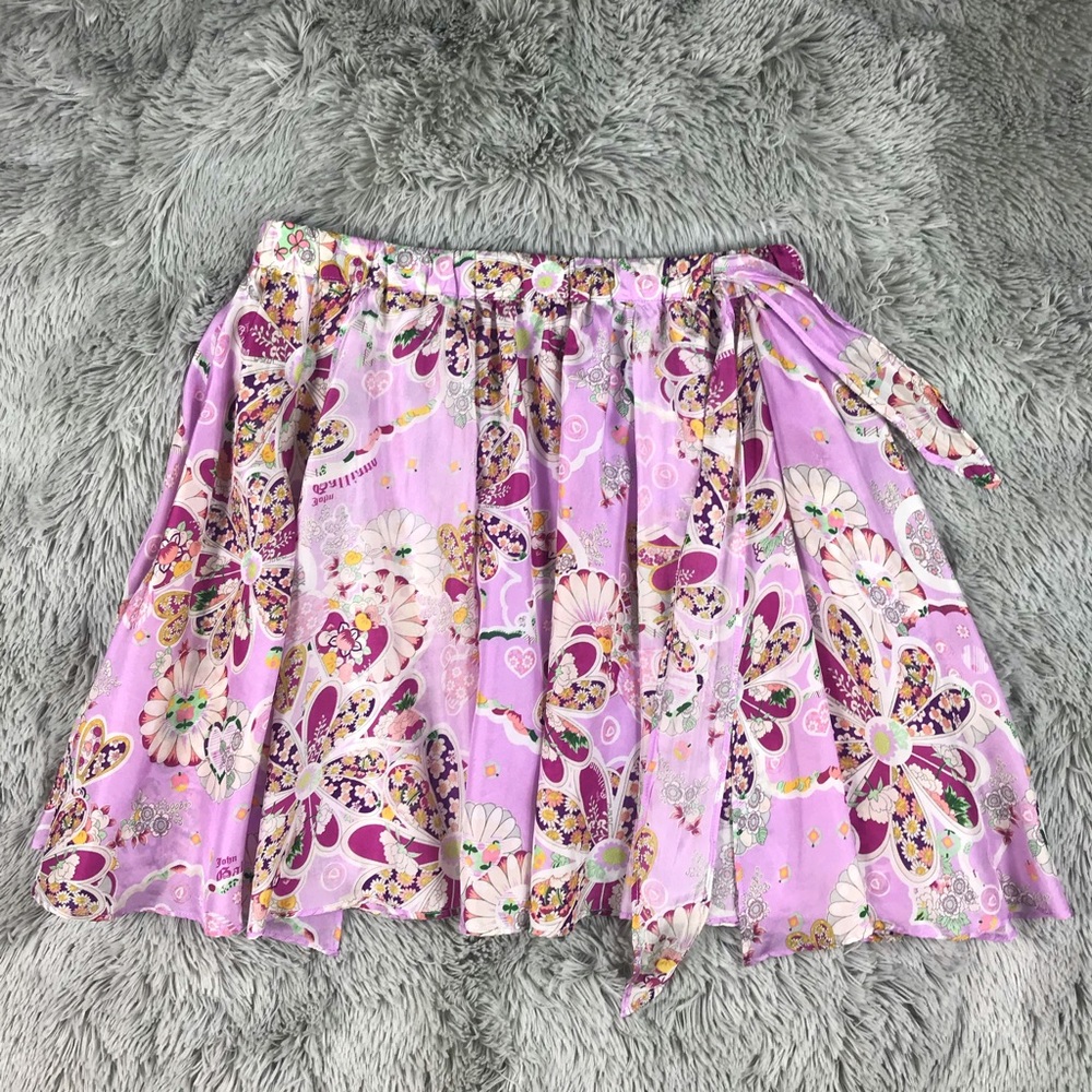 John Galliano Silk Print Faux Wrap Skirt